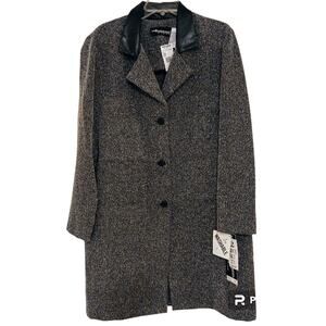 SAG HARBOR Long JACKET Sz 16W GRAY BLACK Faux Leather Collar Business Workwear